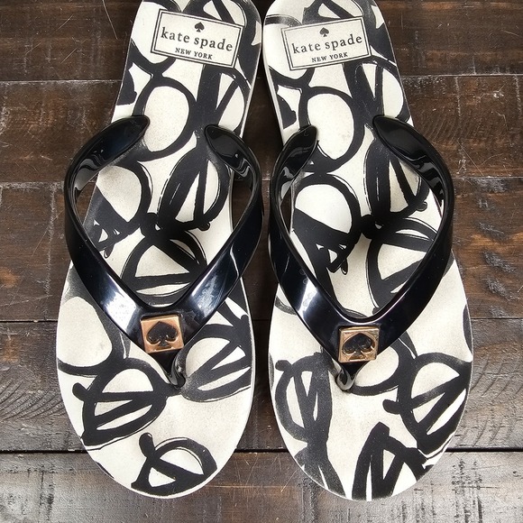 Kate Spade White Black Glasses Pattern Flip Flop Thong Sandals Size Small 5-6 - Picture 2 of 10